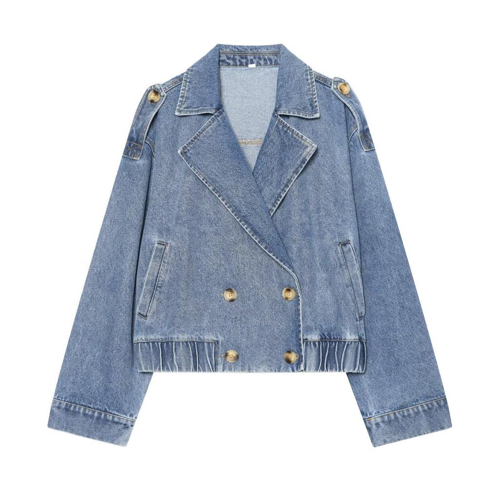 Trendy Women's Double-Breasted Denim Jacket in Sea Blue