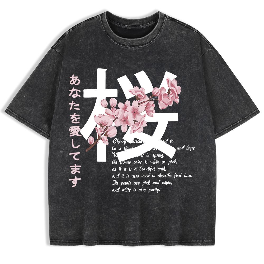 Japan Kirschblüten Aufdruck Gewaschene T-Shirts Herren Baumwolle Kurzarm Oberteile Sommer Rundhals Oversize T-Shirts Basic Kleidung