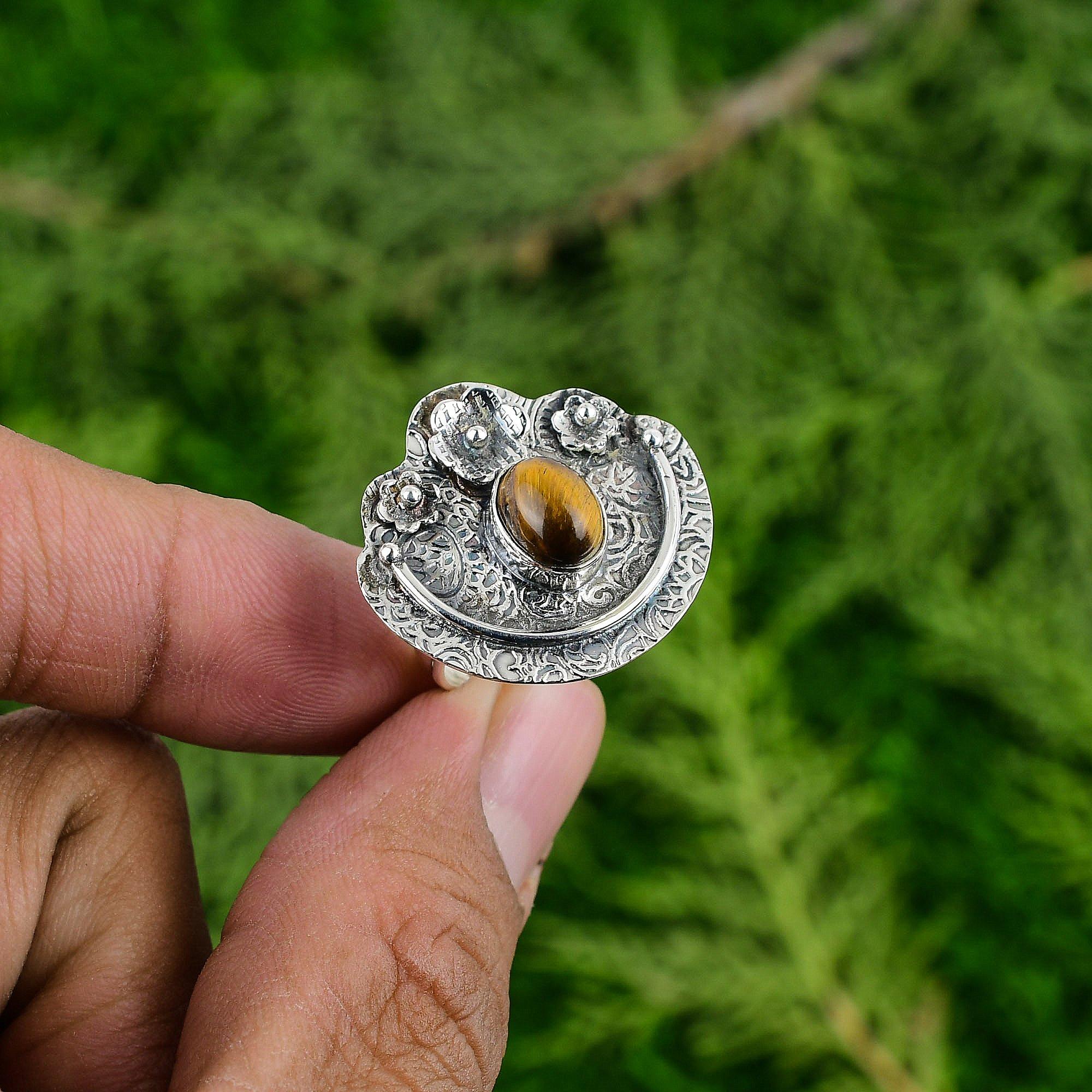 

925 Silver Oval Tigers Eye Stone Bezel New Statement Flower Sister Ring Jewelry Adjustable