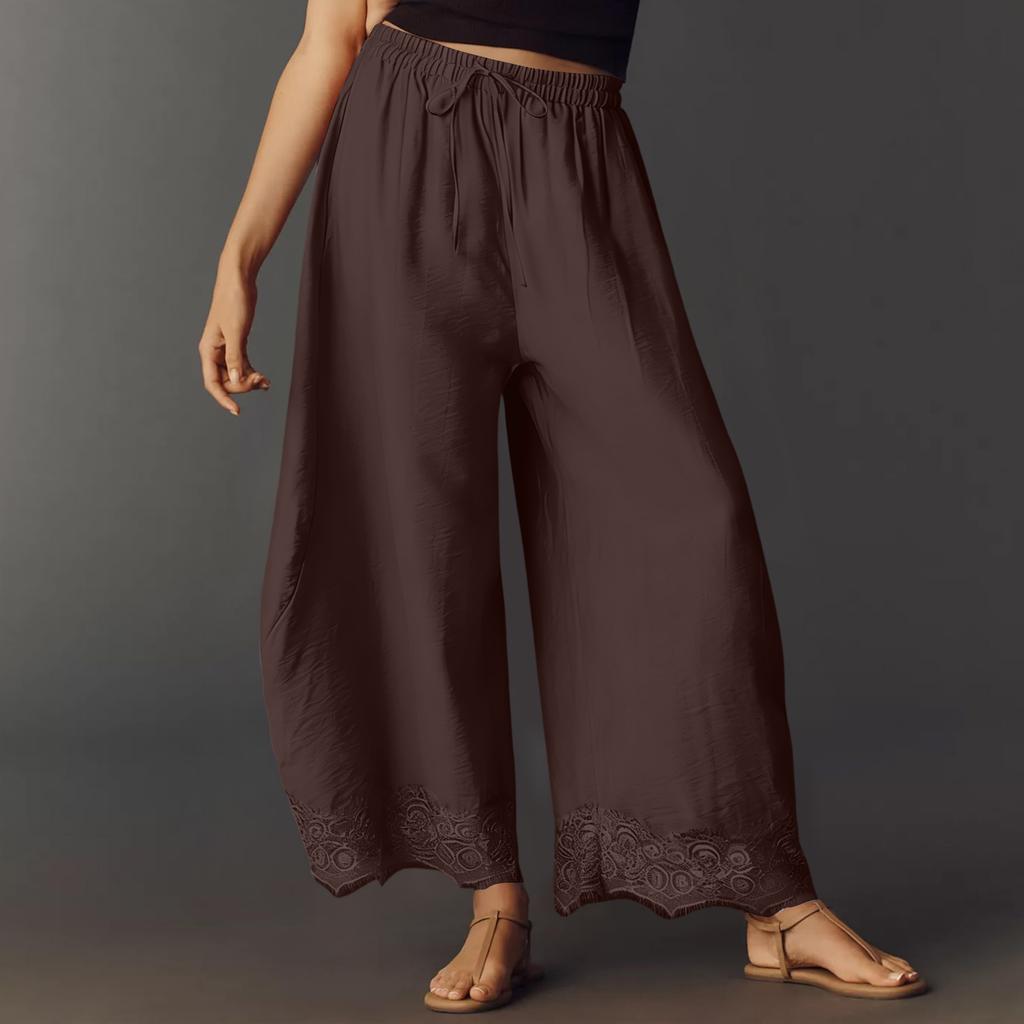 Women Casual Wide Leg Pants Elastic Waistband Drawstring Waist Patchwork Lace Hem Loose Fit Palazzo Trousers for Everyday Wear