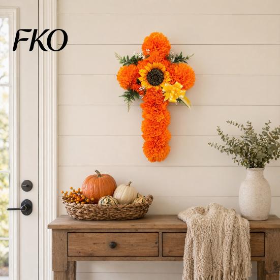 Floral Cross Decoration 2Pcs Dia De Los Muertos Artificial Flower, Marigold Wall Decor for Day Tabletop Flowers of The Dead Halloween Easter