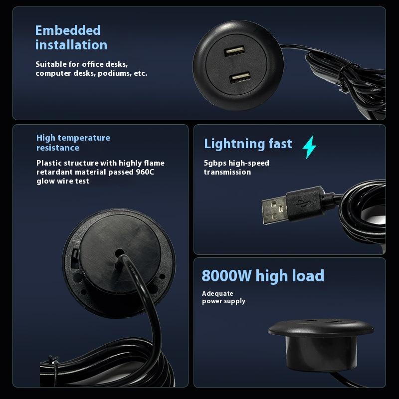 Embedded Desktop 2 Port Usb2.0 To Usb Charge Connector 5V 2A Extension Cord Mobile Tea Table Sofa Concealed Fast Charging Cable