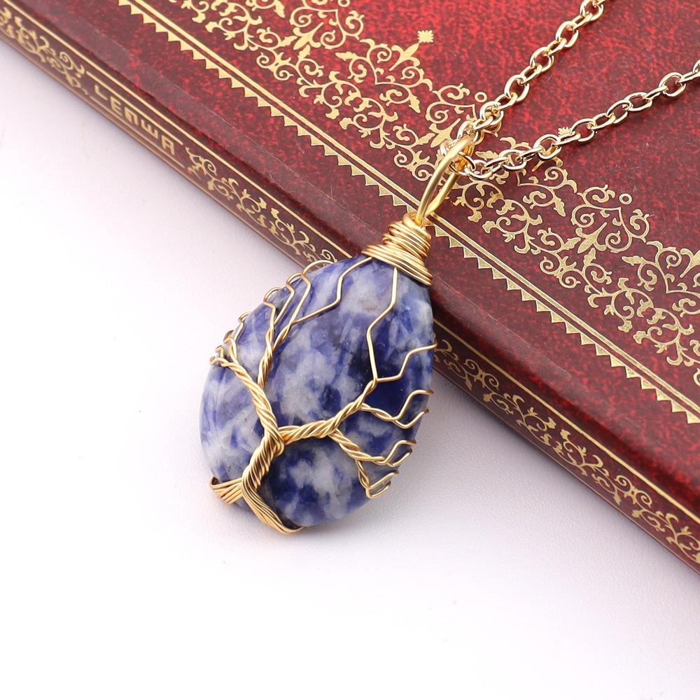 Natural Stone Crystal Agate Water Drop Winding Silk Tree Of Life Pendant Necklace Sweater Chain Water Drop Rough Stone N781