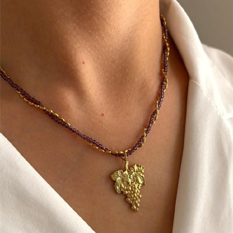 Modern Stainless Steel Necklace with Heart Flower/Grape Charm Crystal Beads Adjustable Closure Neckchain Accessory