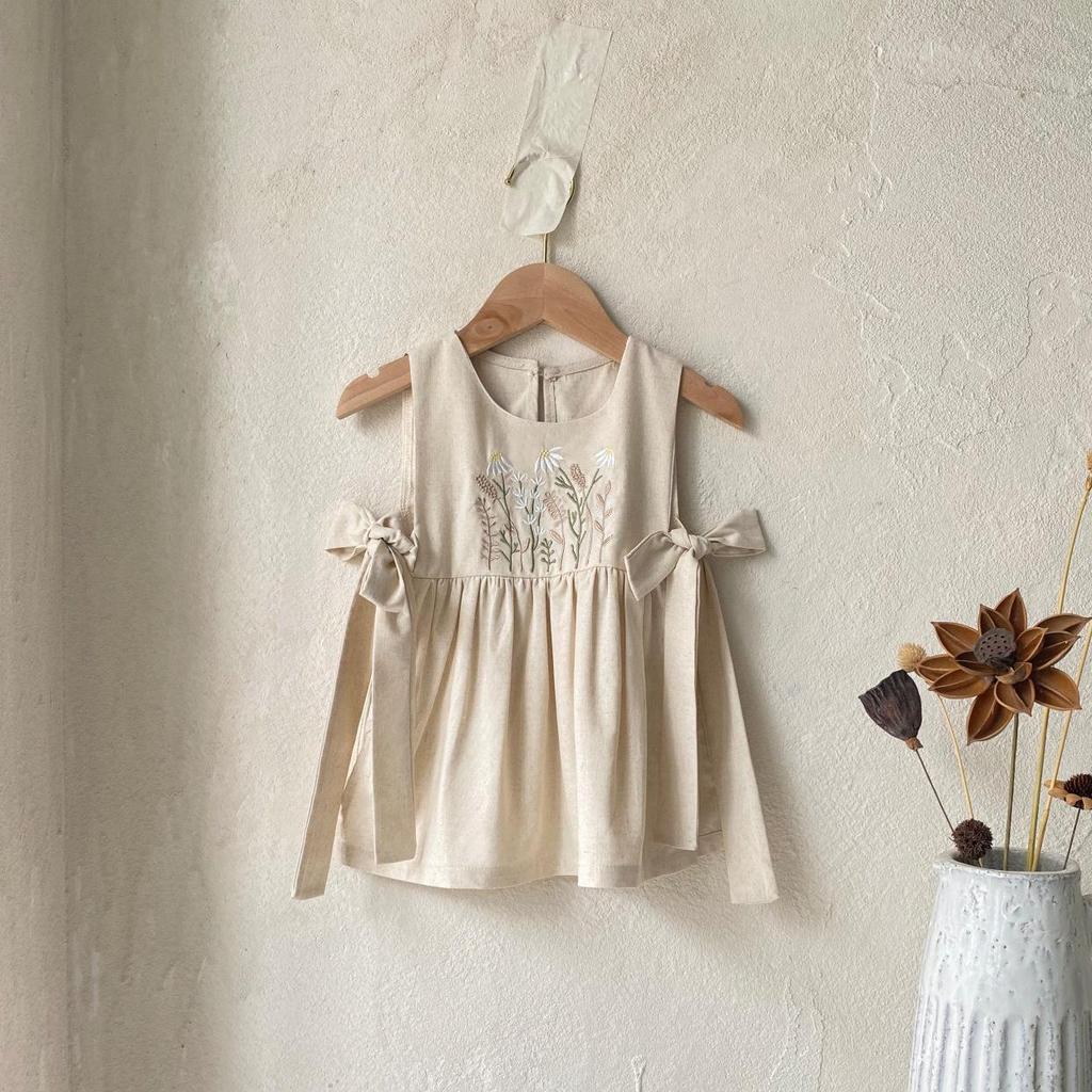 Baby Girls' Spring & Summer Floral Embroidered Butterfly Tie Apron Sleeveless Suspender Dress