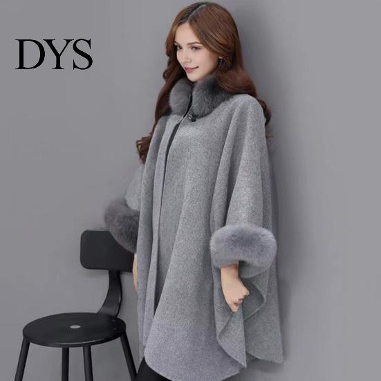 Winter Coat Lady Cape Dolman Sleeves Thick Shawl Loose Stand Collar Solid Cozy Wool Blend Trench Color Faux Fur Decor Warm Daily Wear Work Outdoor