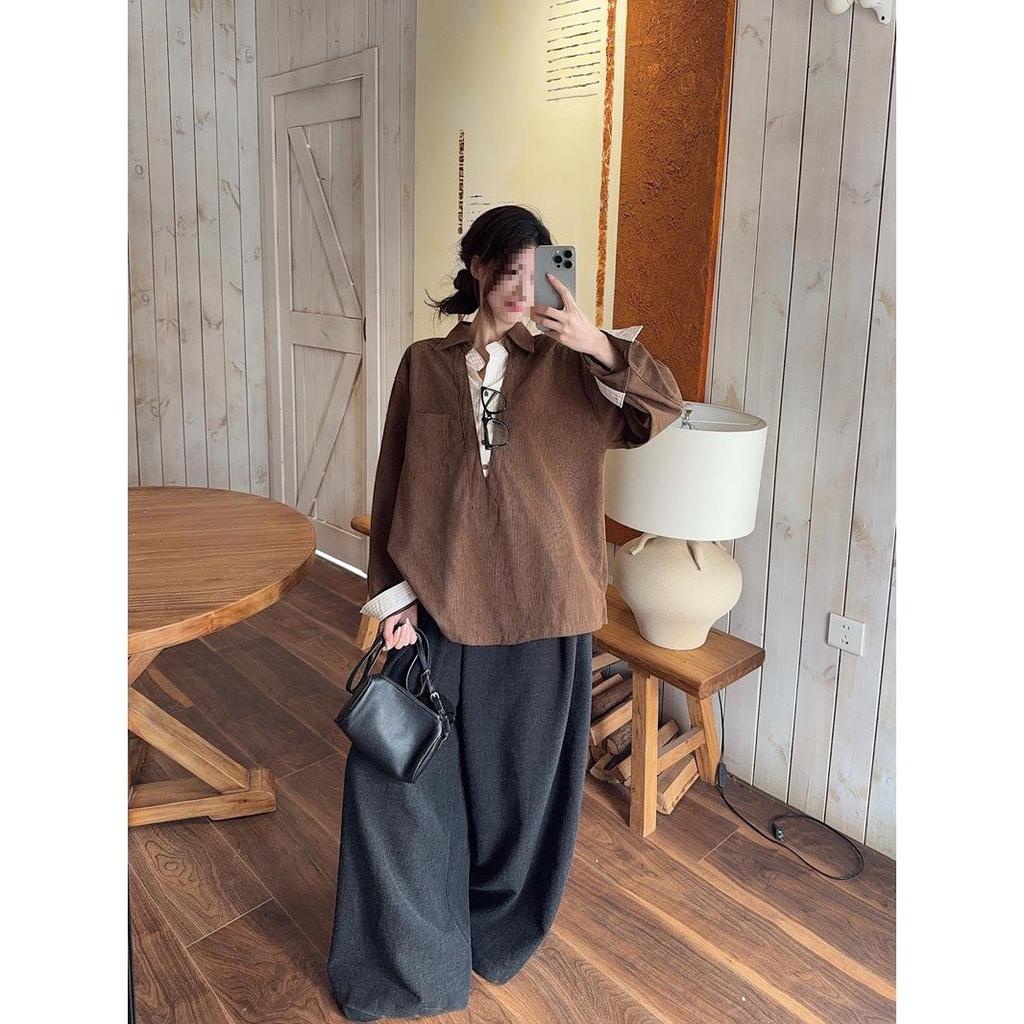 Korean Retro Coffee-Toned Two-Piece Effect Patchwork Shirt - Women's Spring 2026 Long Sleeve Top