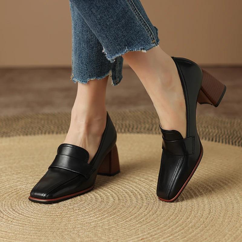 Fashion 2025 Spring New GENUINE LEATHER Women Shoes LEISURE Women Slip-On Shallow Pumps Square Toe Heels Shoes Women Zapatos De Mujer