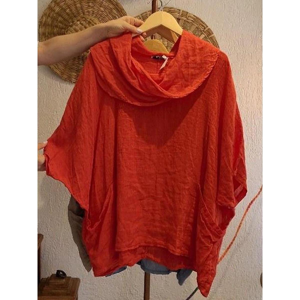 Women s Draped Cowl Neck Three Quarter Sleeve Solid Linen Blend Loose Fit Pocket Casual Blouse Top S красный