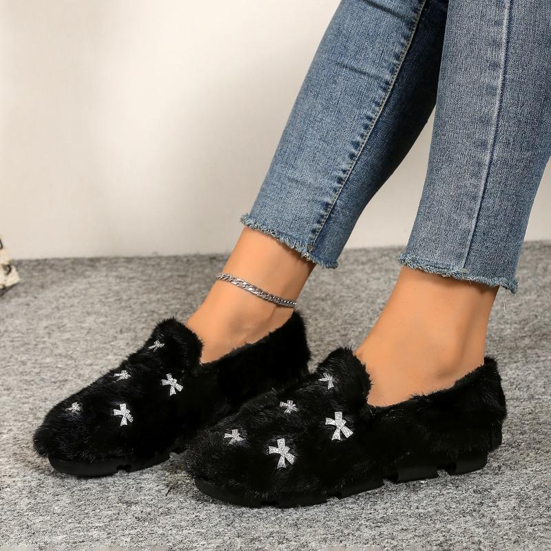 2026 Fashionable Hot Sale Simple Crystal Flower Fur Flats Women Ankle Strap Furry Rhinestone Snowflakes Fur Winter Shoes