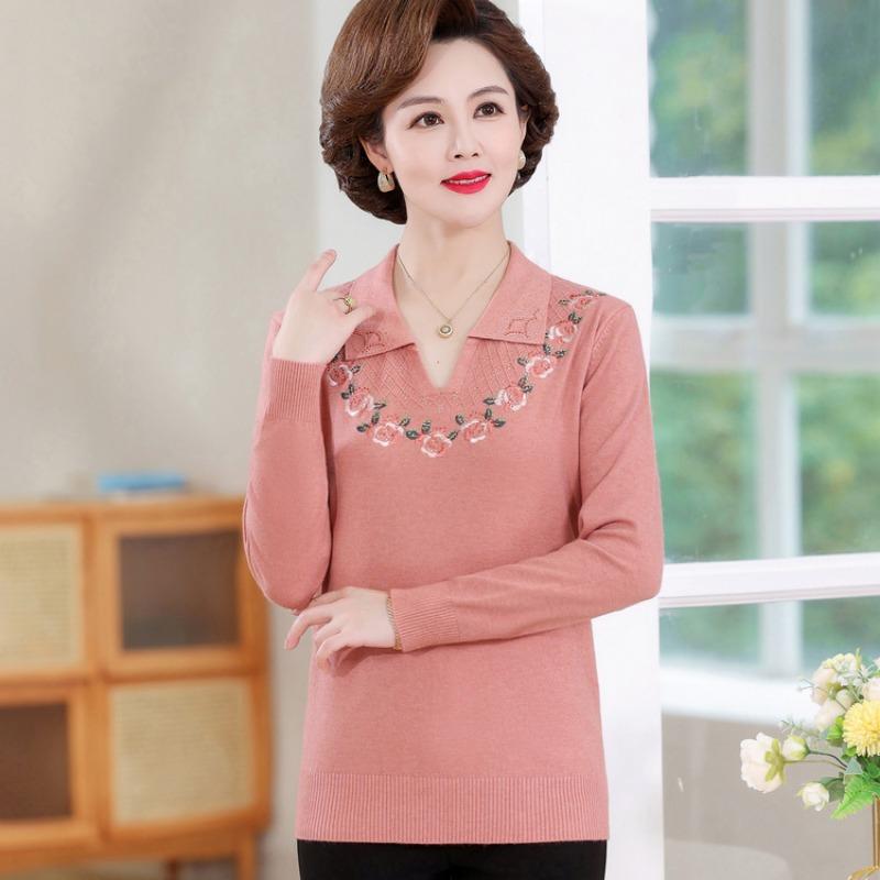 New Chinese mother spring knitted sweater women's casual middle-aged and elderly women's spring and autumn long-sleeved tops and clothing