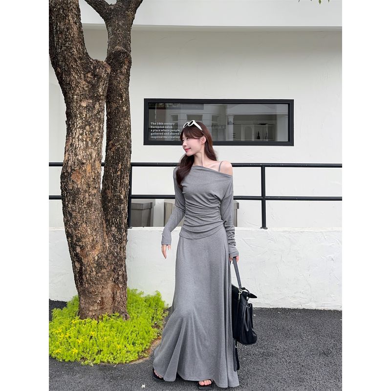Kumikumi Idle Style Simple Solid Sling One Piece Dress Women Clothing Summer Elegant All-Match Waist Hugging Slimming Long Dress