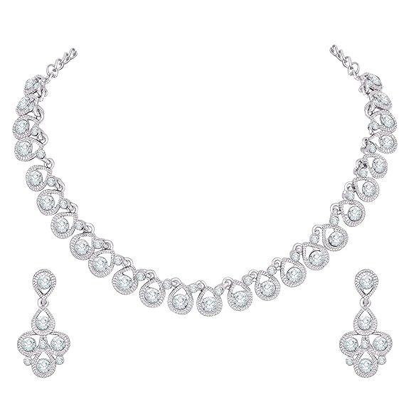 Women's Silver Plated American Diamond Necklace/Jewellery Set with Earrings