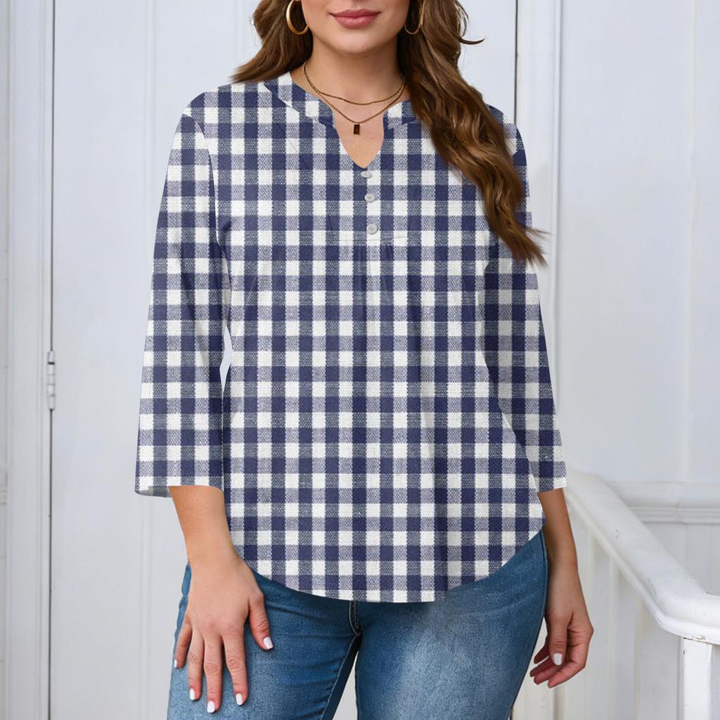 Women's Plus Size Fashionable Casual Loose Fit Three Quarter Sleeve Elegant Button Up V Neck Top