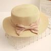 Beach Straw Hat Flat Top Wide Brim Sun Protection Hat with Striped Print Ribbon Bow Hand-Woven Breathable Summer Hat