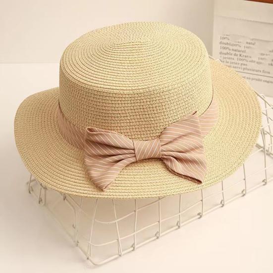 Beach Straw Hat Flat Top Wide Brim Sun Protection Hat with Striped Print Ribbon Bow Hand-Woven Breathable Summer Hat