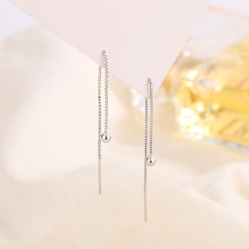 S925 Silver Smooth Sphere Long Drop Earrings Minimalist Chic Slimming Dangle Earrings For Women Elegant Jewelry