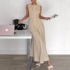 Damen Unifarben Ärmellos Plissiert Rundhals A-Linie Maxikleid Elegant Langes Freizeit-Partykleid