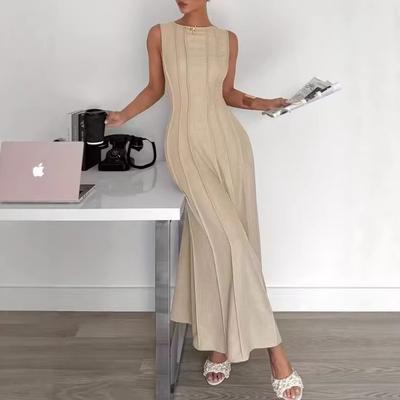 Damen Unifarben Ärmellos Plissiert Rundhals A-Linie Maxikleid Elegant Langes Freizeit-Partykleid