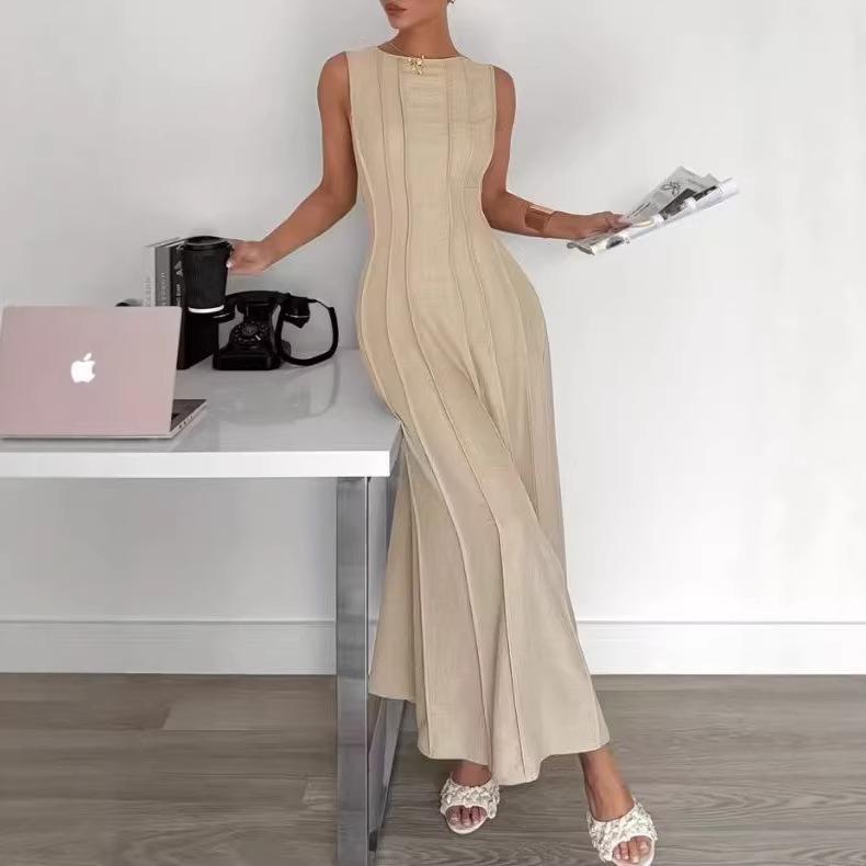 Damen Unifarben Ärmellos Plissiert Rundhals A-Linie Maxikleid Elegant Langes Freizeit-Partykleid