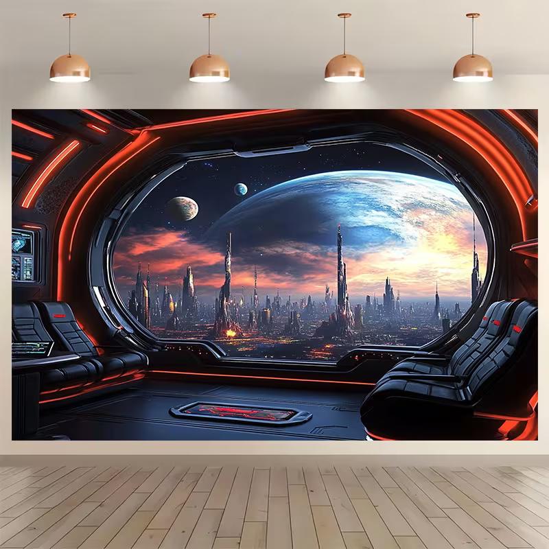 2D Cyberpunk Space Station Backdrop Outer City Skyline Party Background