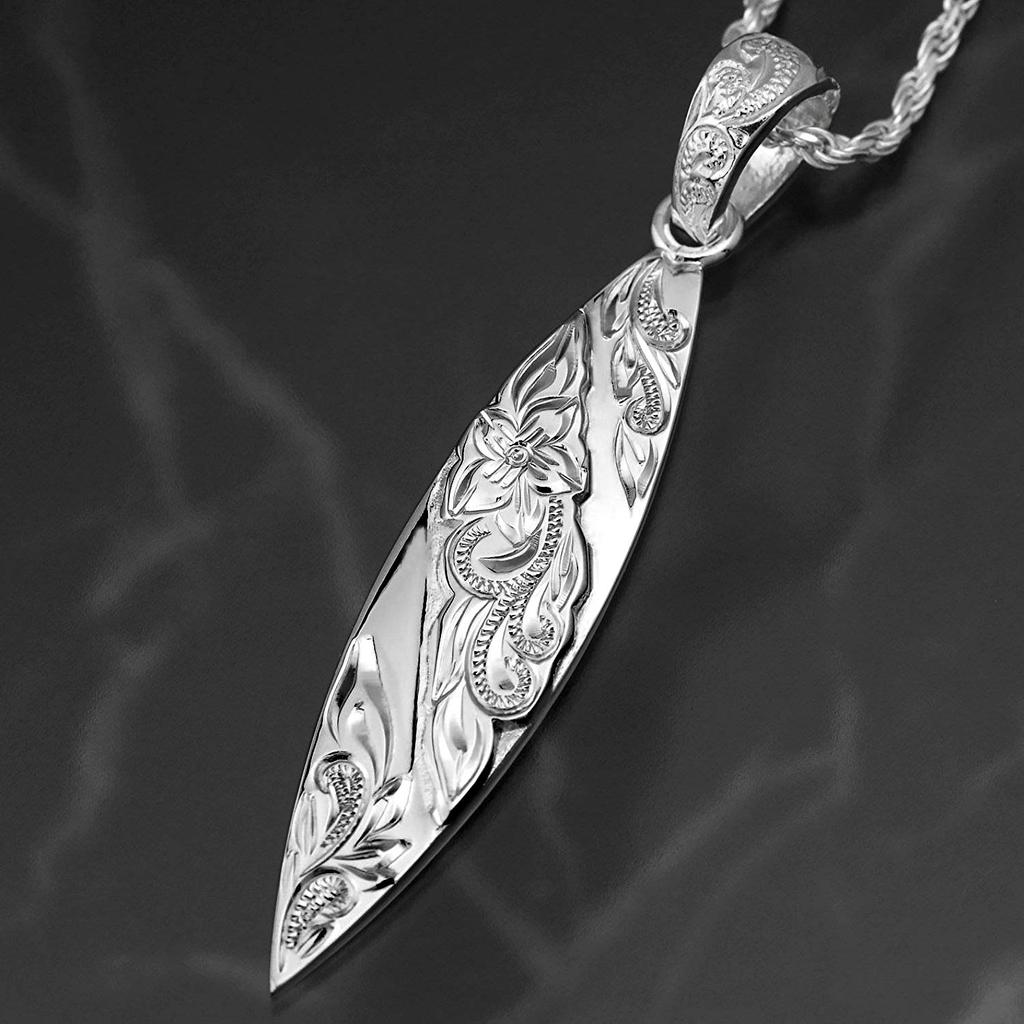 Leilani Hawaiian Surfboard Plumeria & Scroll (Wave) Carved Pendant Necklace for Men, 925 Sterling Silver (Includes 55cm Rope Chain)