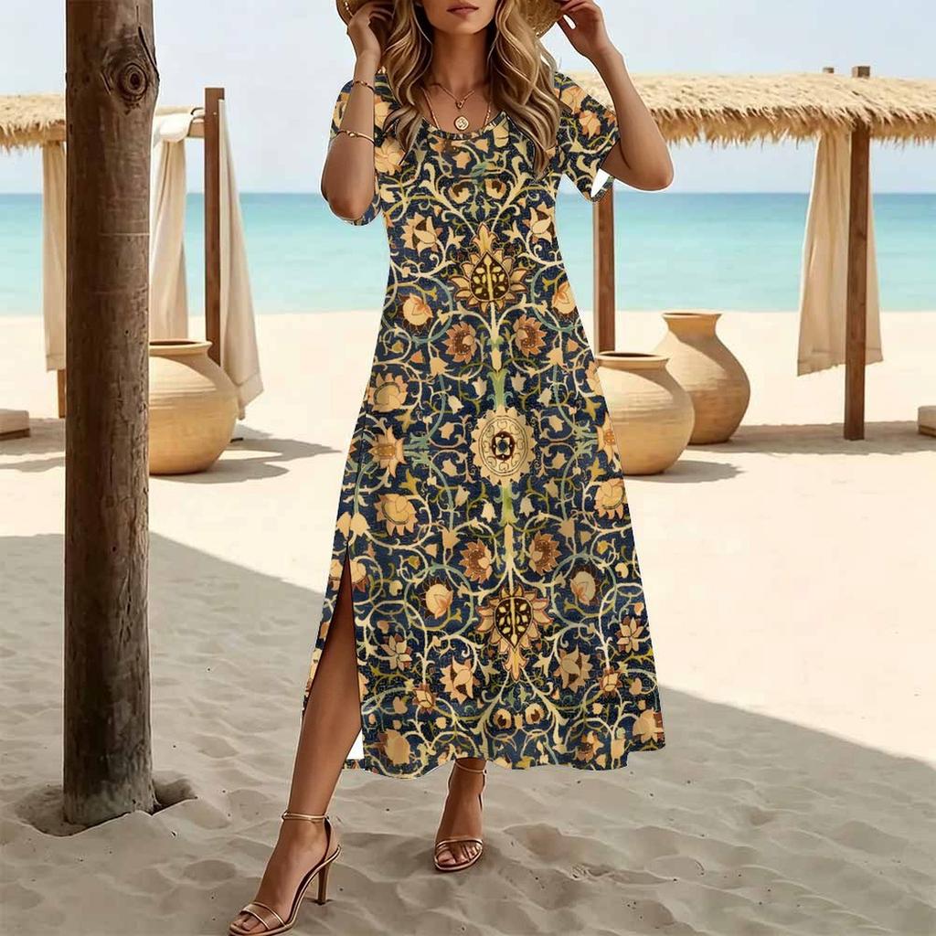 Women Fashion Round Neck Vintage Pattern Printed Short Sleeve Side Slit Dress Casual Vacation Dress Long Loose Dress