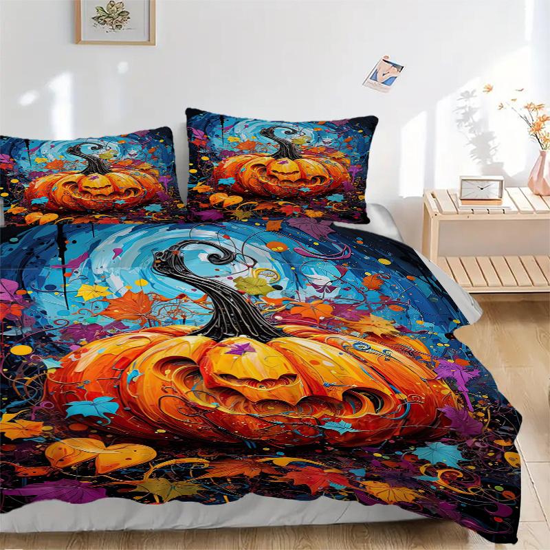 3pcs Colorful Pumpkin Lantern Print Bedding Set (1 Cover + 2 Pillowcases, Without Inserts), This Printed Bedding Set is Soft and Comfortable