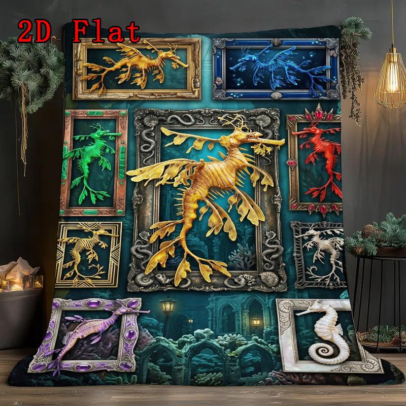 Golden Sea Dragon Frames 2D Flat Pattern Flannel Blanket, High Quality All Seasons, Home Decor, Warmth and Comfort, Perfect for Christmas Gifts.
