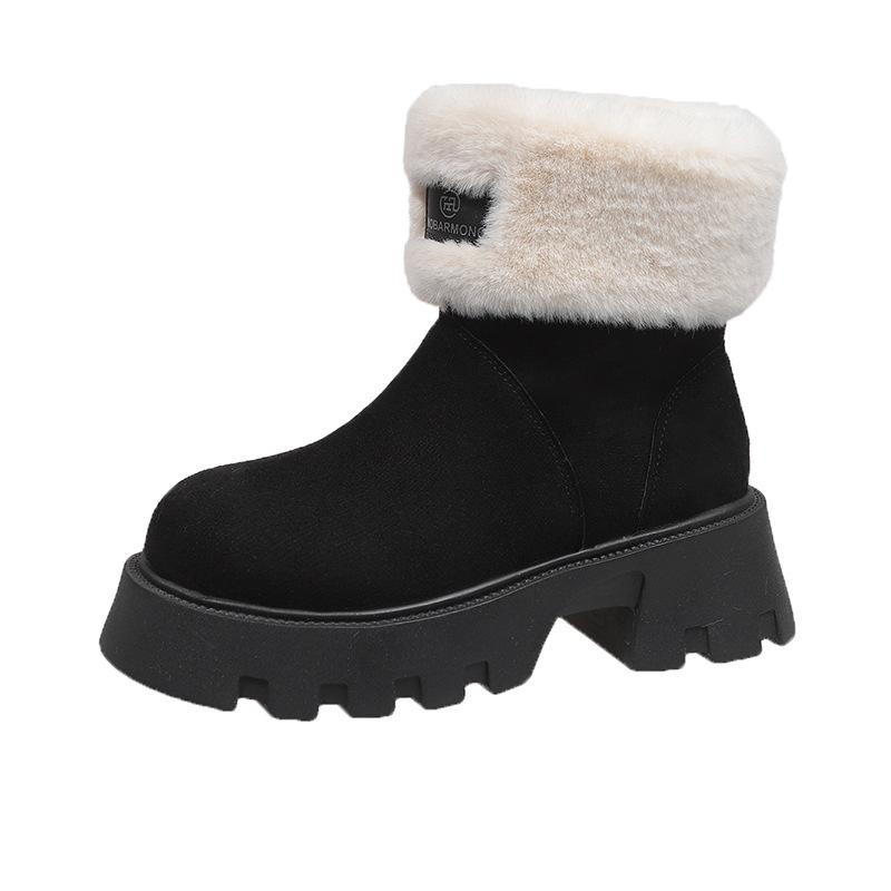 2025 New Thick-soled Heightening Snow Boots Women's Winter Plush Warm Retro Thick Heel Pile Fur Collar Short Boots