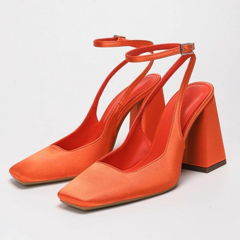 

Luxury Satin Women Pumps Chunky High Heels Square Toe Ankle Strap Elegant Party Wedding Shoes Dress Thick Heel Footwear 42 помаранчевий