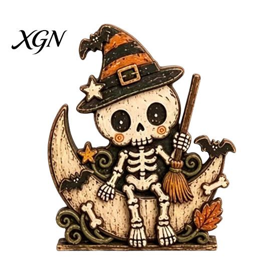 Retro Rustic Tiered Tray Decor Halloween Pumpkin Witch Cat Ghost Figurines with Crescent Base, Spooky Collectible Gift for Enthusiasts Wooden Tabletop