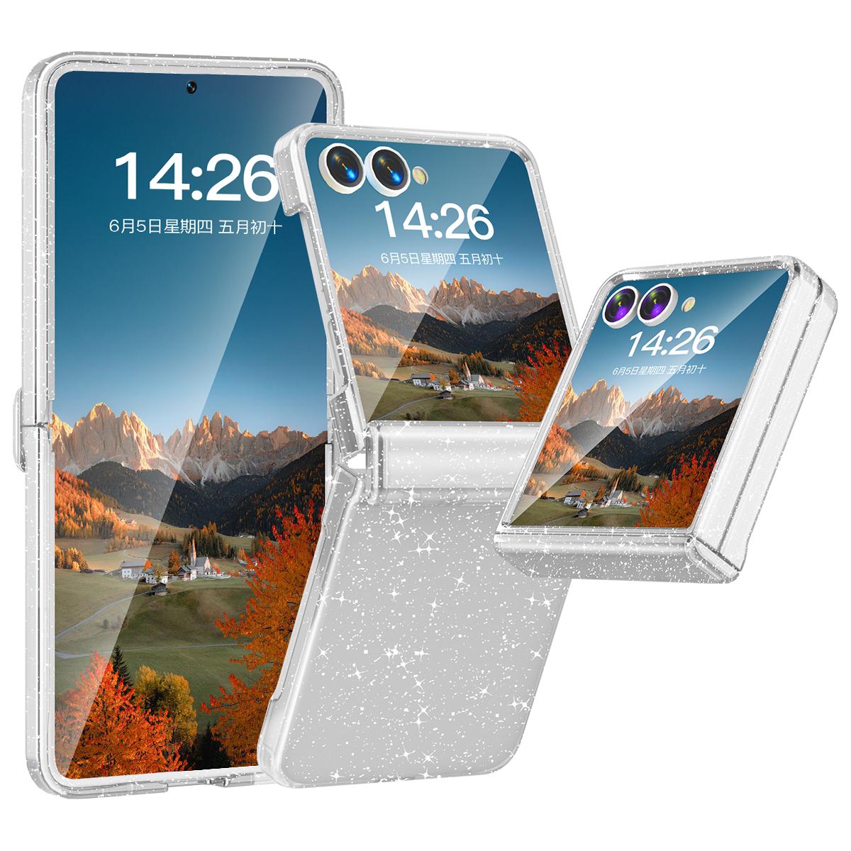 

For Samsung Galaxy Z Flip7 5G Case Hinge Protection Hard PC Phone Cover Built-In Screen Film Clear Glitter