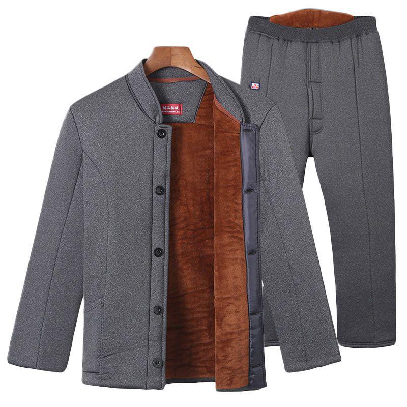 Woodpecker Winter Plus Velvet Dad Suit: Thickened Cotton Jacket & Pants for Middle-Aged & Elderly