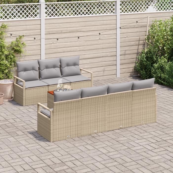 Ensemble de 8 Canapés de Jardin avec Coussins en Rotin Poly Beige Acacia, Sofa de Jardin 2 places avec Coussins en Rotin 3347665