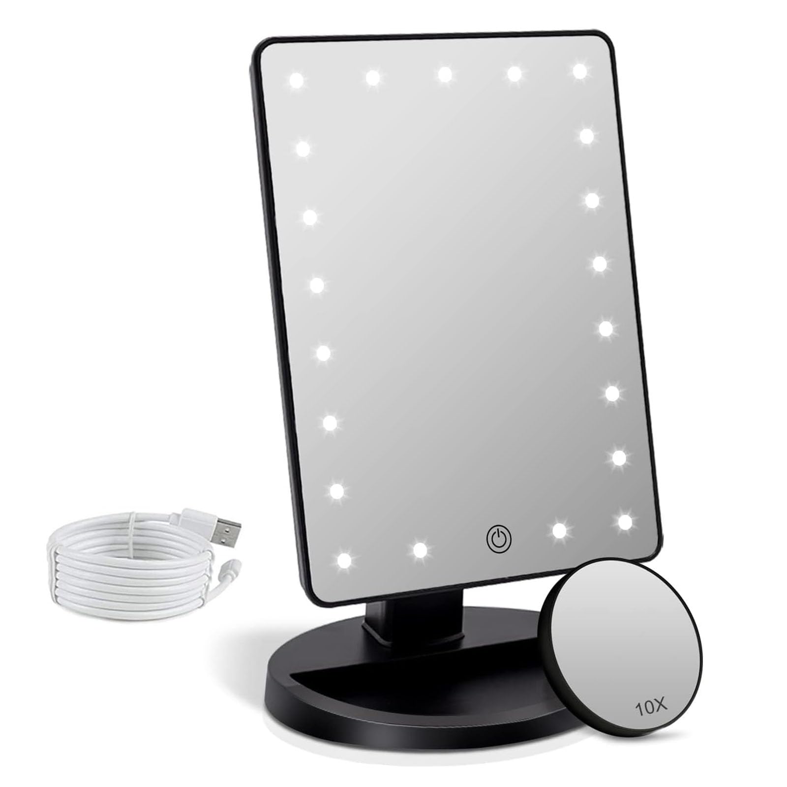

FASCINATE Mirror with Tabletop Stand Stepless 10x Adjustable Black 21-LED Light, Mirror, Dimming, USB/Battery Powered, Magnification, Bright, 180° чёрный