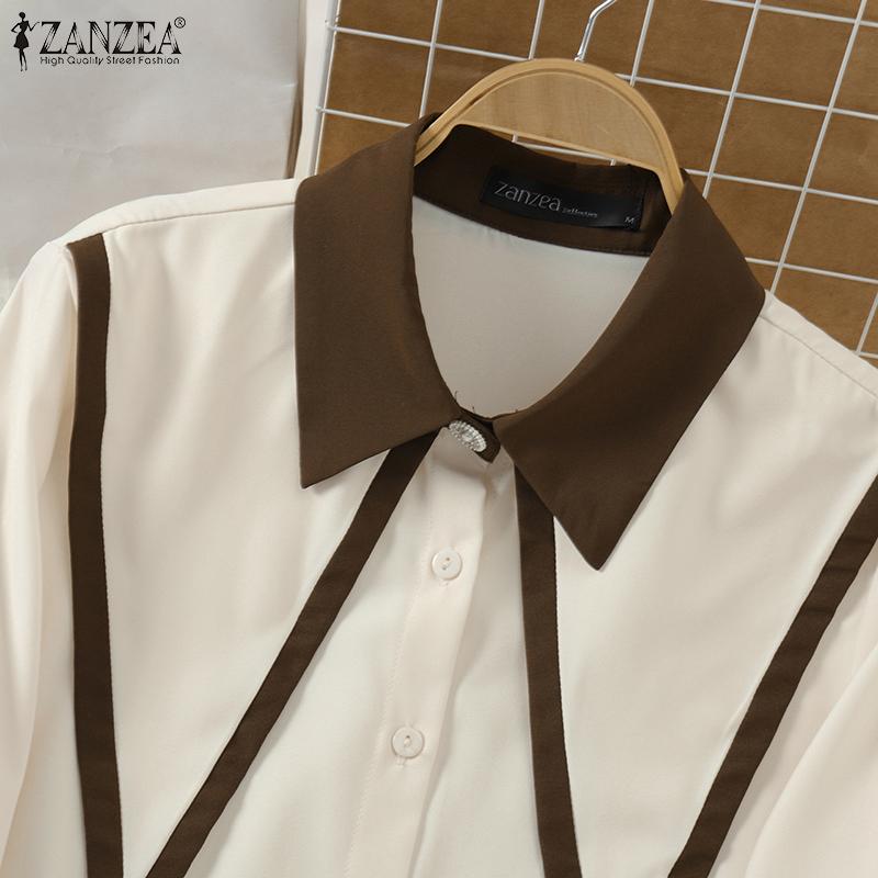 ZANZEA Women Casual Contrast Lapel Long Sleeve Blouses