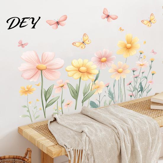 Soft Pastel Butterfly Wall Stickers 2Pcs Watercolor Flowers Sticker, PVC Waterproof Floral Decal with Butterflies, Removable Boho Style Flower
