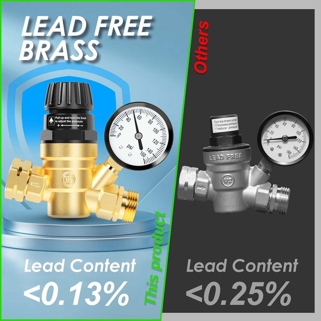RV Water Pressure Regulator Valve, Brass Lead-Free Adjustable Water Pressure Reducer With Gauge And Inlet Filter For RV Camper And Travel Trailer