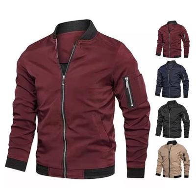 Men Baseball Jacket Stand Collar Long Sleeve Patchwork Color Jacket Coat with Pockets