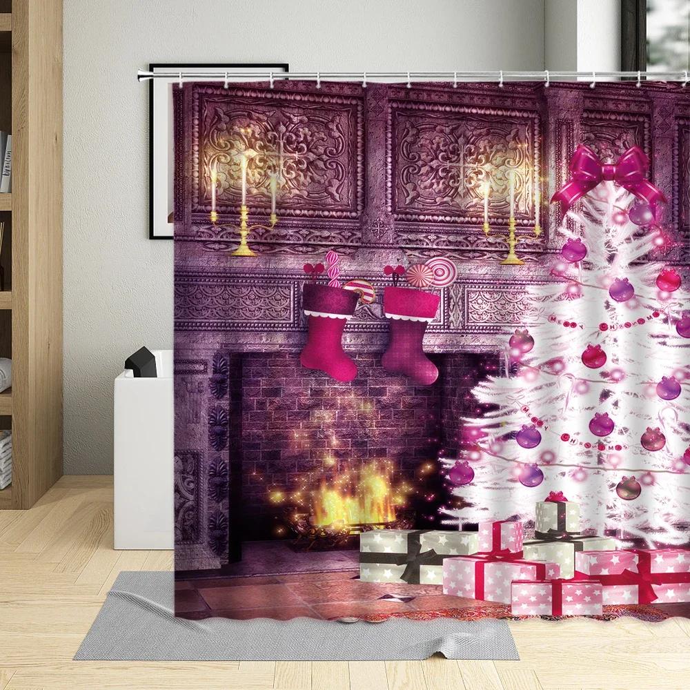 Merry Christmas Shower Curtain Xmas Tree Socks Elk Wooden House Snowman Winter Festival Decor Wall Cloth Bathroom Curtains Sets