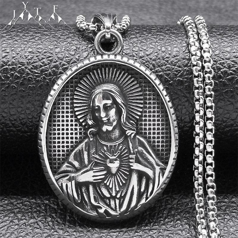 Retro Katholische Heiliges Herz Jesu Halskette für Damen Herren Edelstahl Silberfarbe Medaille Anhänger Halsketten Schmuck NZZS05