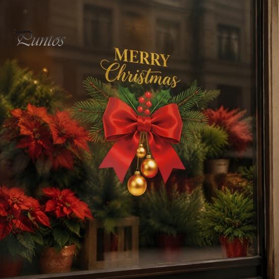 Decoratieve Balkon Glasstickers Kerstrood Strik Raamsticker, Gouden Letter Vrolijk Decal, Feestdagen Decals Waterdichte Raamstickers voor Huis School