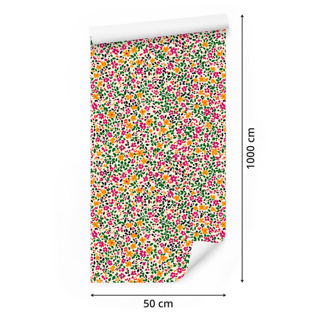 Wallpaper Small flowers beige, green, coral and lime 50x1000