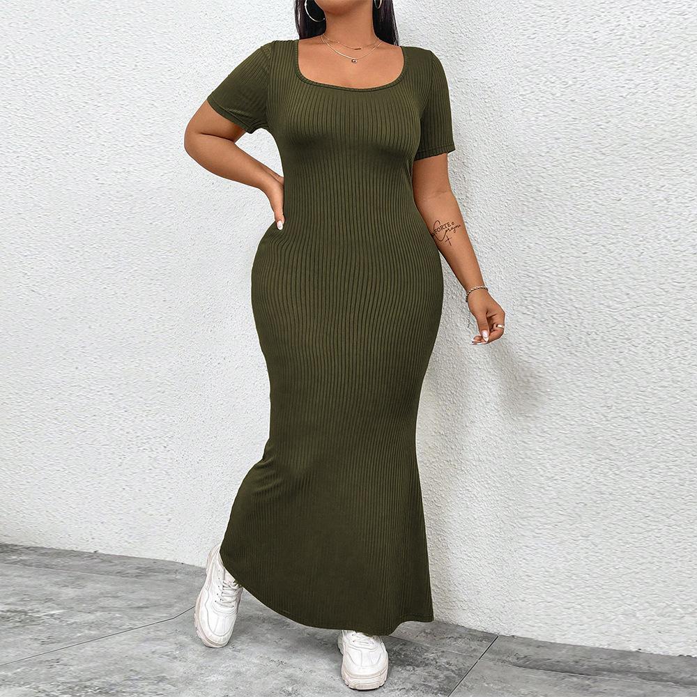 Plus Size Women U Neck Backless High Waist Short Sleeve Solid Ankle Length Long Dress 1XL