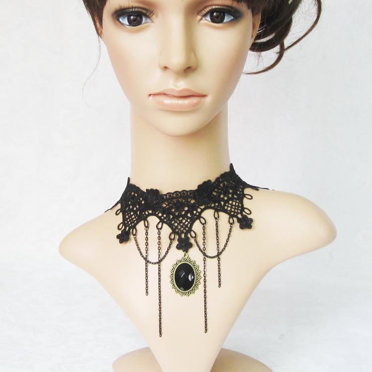 Trendy Black Lace Retro Pendant Crystal Tassel Necklace for Women - European and American Style GY035