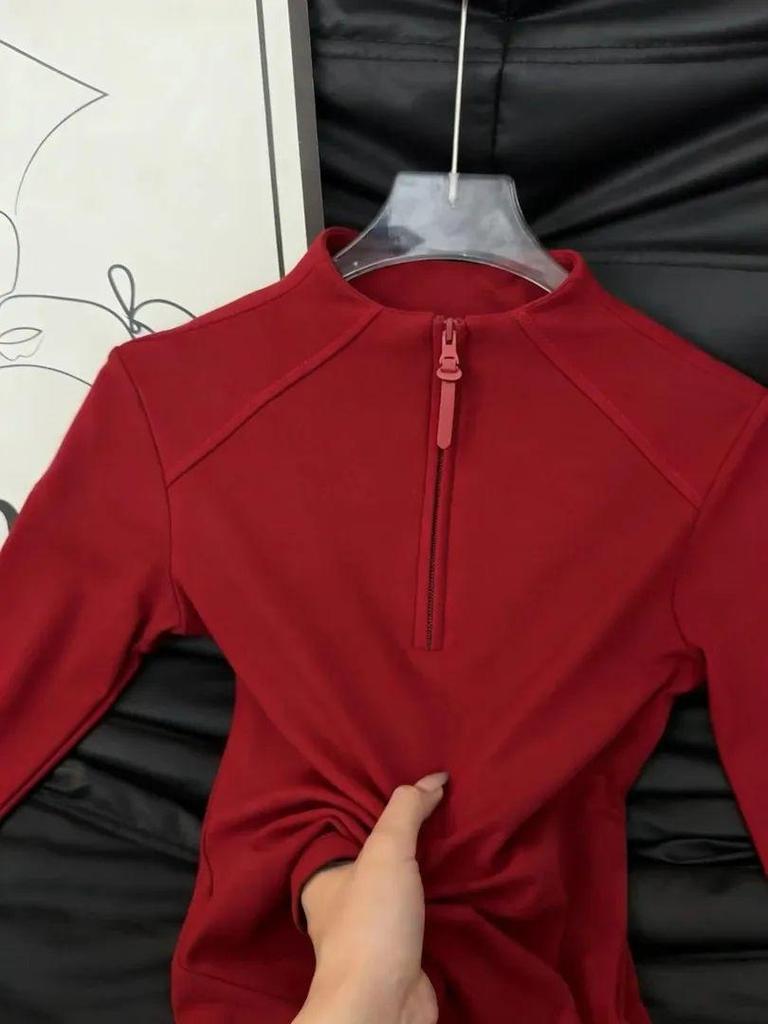 2026 Autumn/Winter Women's Korean Style Stand Collar Half-Zip Loose Slimming Base Layer T-Shirt