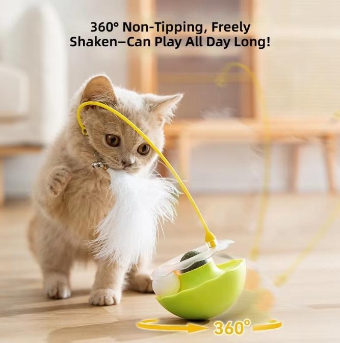 Self Play Tumbler Cat Toy, Feather Wand Catnip Rolling Ball Puzzle Design for Kitten Adult Cats Indoor Interactive Play