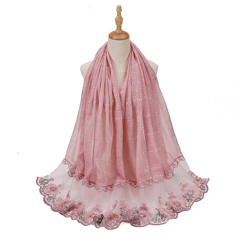 Glitter Scarf Islamic Long Shawls Wraps Luxury Flower Headscarf Headband New Embroidered Lace Sequins Hijab Stitching Splicing
