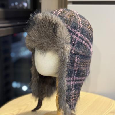 New Plush Plaid Lei Feng Hat Women's Winter Outdoor Cycling Ear Protection Hat Showing Face Small Cold Protection Thickened Warm Hat